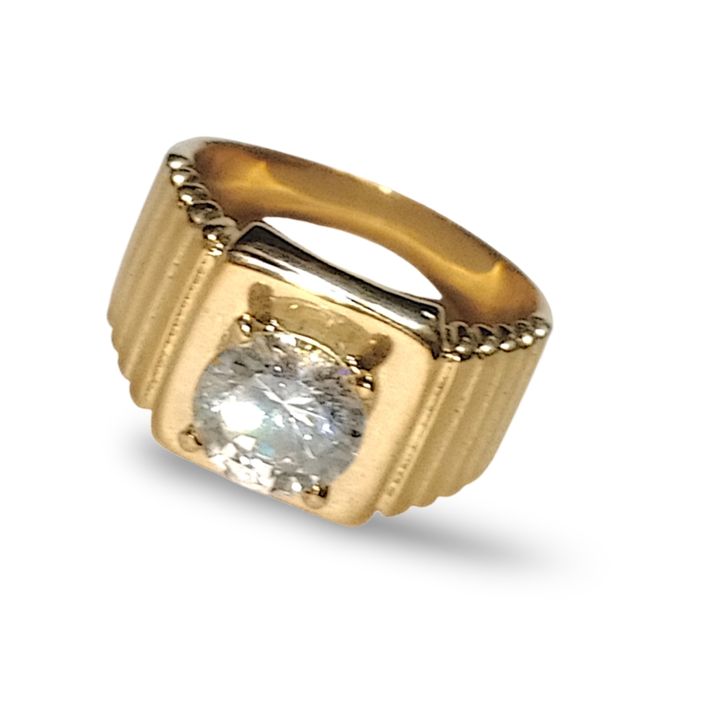 Bold Gold-Tone Ribbed Ring With Clear Cz Stone | Size 13.5 | Nwot